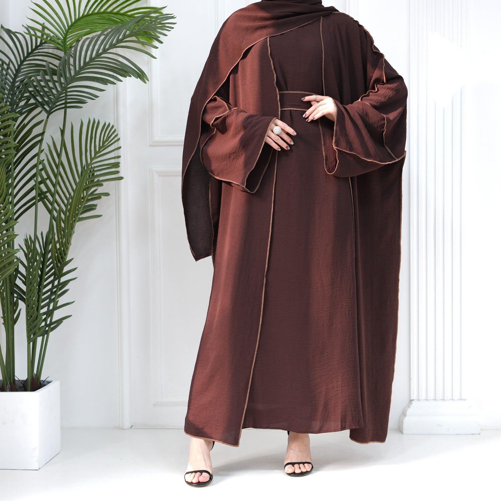 Rashaqa Linen Abaya Set (Burgandy)